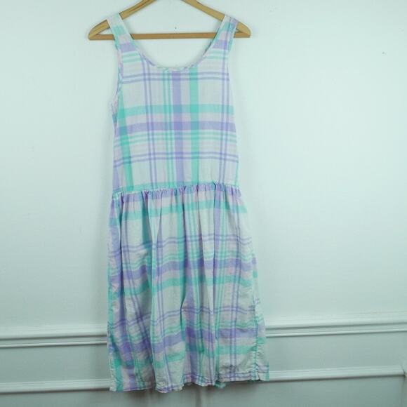 Vintage XXS Dress 80s Midi Pastel Plaid Drop Waist Cottagecore Preppy Cotton - Picture 7 of 7